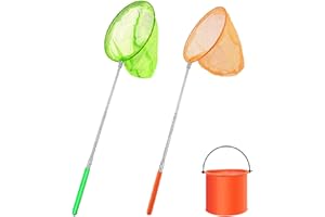 HUTATO 2 Packs Kids Fishing Net,Telescopic Butterfly Net,Pond Net Extendable (35 to 86 cm) with 1 Pack Folding Bucketfor Kids Catching Bugs Insect Small Fish Outdoor Beach Garden Activities