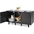 GYMAX 2-Door Cat Litter Box Enclosure, Large Stackable Hidden Privacy Kitty Washroom Furniture Cabinet with Winding Entry and Scratching Board, Indoor Cat House TV Stand Side Table (Black)