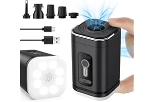 WOTHFAV Pompe à Air électrique, Gonfleur Electrique, Gonfleur Matelas Gonflable, Mini Pompe à air électrique avec Lumière de Camping, Pompe Matelas Gonflable, Fonction de Vide, USB Rechargeable, 5 Buses d'air