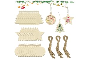 AFASOES 30 Adornos Árbol Navidad de Madera Colgantes Personalizados para Pintar - 3 Formas: Árbol, Estrellas, Bola Redonda + 30 Cuerdas de Yute
