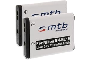 MTB MORE ENERGY 2X Akku EN-EL19 kompatibel mit Nikon S7000, S6900, S5300, S3700, S4100, S2700, S100, S33... / A100, A300, W100 - s. Liste!