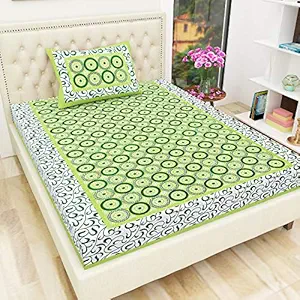 UNIBLISS Cotton 144 TC Rajasthani Jaipuri Traditional Single Size BedSheet with One Pillow Cover (Single, Green)