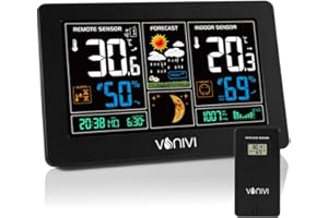 VONIVI 7.5in Weather Station Wetterstation Funk mit Außensensor Groß Farbdisplay,Innen Aussen Digital Thermometer,Hydrometer Feuchtigkeit, DCF Empfangssignal Funkuhr,Mondphase und Barometrischer mit Adapter