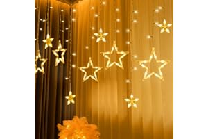 HAPPIHAUSE Guirlande lumineuse rideau 12 étoiles 138 LEDs 31V lumières de Noël 8 modes Rideau d'étoiles avec minuterie pour intérieur extérieur Noël fête mariage jardin balcon Décoration de Fenêtre, blanc chaud