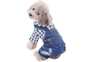 FEILING Vier-Beine Hundeshirt Kleine Hunde Hemd Jeans Overall Denim Latzhose Welpen Kostüm mit Kapuze Haustier Jumpsuit Mittlere Hunde Kapuzeshirt Fleece Verdickte (L, blau)
