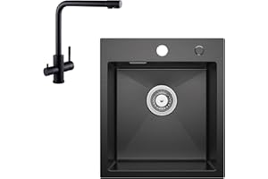 Spülbecken Edelstahl 40 X 45CM Anthrazit + 3 Wege Wasserhahn Küche Schwarz, CECIPA Küchenspüle Komplettset Eckig Einbauspüle Klein Spüle für 40 cm Unterschrank