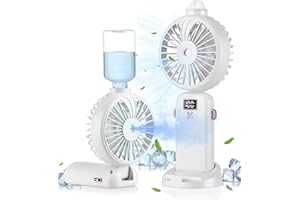 AXNSATRE Mini Ventilateur Brumisateur Portable USB - 3 in 1 Blanc Petit Ventilateur Rechargeable, 4000mAh Puissant Ventilateur Main Pliant, 5 Vitesses, pour Voyage, Bureau, Camping, Table