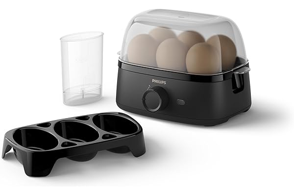 Philips Cuiseur d'œufs Series 3000, Format familial jusqu'à 6 œufs (mollets, moyens, durs, pochés), facile à nettoyer, plateau à œufs pochés et accessoire perce-œuf, 400 W, Design compact (HD9137/90)