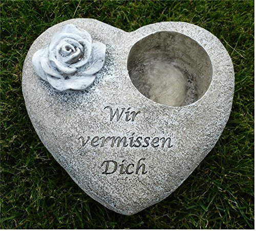 Grabschmuck Deko Herz mit Ausschnitt für Grabkerze, Rose, grau-antik 20 cm - 2