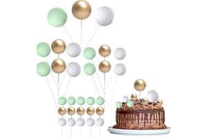 SUSNUAN 30 Pcs Mini Balloon Cake Topper, Green and Gold Foam Balls Cake Decorations, DIY Foam Ball Pearl Ball Cupcake Topper for Baby Shower Wedding Anniversary Birthday Party(White&Gold&Green)
