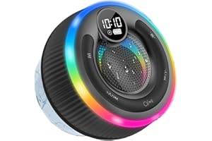 AOSRAU Bluetooth Shower Speaker, 2025 Portable Bluetooth Speaker 5.3 with Time Display, IPX7 Waterproof with Suction Cup, RGB Lights, Stereo Bass, Wireless for Bathroom/Party/Travel/Outdoor, Black