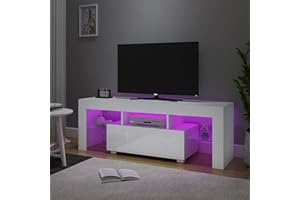 Panana 51inch TV Stand Storage Glass Shelves Big Drawer Sideboard 16 Colors RGB LED Lighted TV Cabinet for 32 40 43 50 55 inch 4k TV (White, With LED)