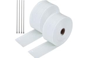 Mengger 2 Roll 10M Exhaust Pipe Heat Wrap Tape White High Insulation Cloth for Car Motorcycle Fiberglass Heat Shield Insulating Tape with 4 Stainless Ties