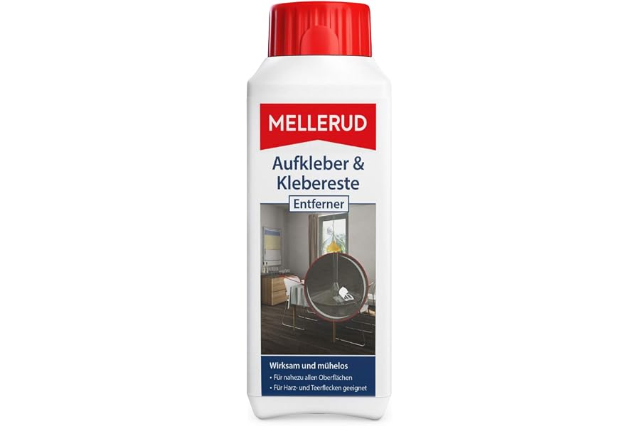MELLERUD Aufkleber & Klebereste Entferner – Wirkungsvolles Reinigungsmittel zum Entfernen von Aufklebern und Etiketten auf allen unempfindlichen Oberflächen – 1 x 0,25 l