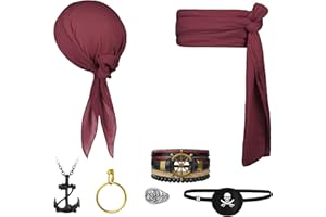 Alaoo Accesorios de Disfraz de Capitán Pirata, 7 Piezas Disfraz Pirata para Hombre, Bandana Pirata y Cinturón, Cadena de Cintura Dorada, Pulsera Pirata, para Fiestas Temáticas Días Divertidos, Burdeos