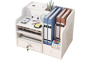HGGZEG Organizador de escritorio de madera actualizado con cajón, organizador de archivos A4, clasificador de documentos de papel, suministros de oficina, para el hogar, oficina y escuela(JB07-2 blanco)