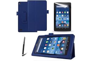 MOFRED® New (Kindle) Fire 7" 2015 Blue Case - Slim Fit Folio Premium Leather Standing Case for the Amazon Fire 7 inch Display Tablet (5th Generation - 2015 Release Only) + Screen Protector + Capacitive Stylus Pen (3 in 1)