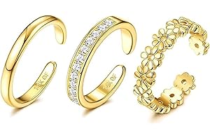 EXQUIMA 3PCS 18K Gold Filled Toe Rings For Women Adjustable, Gold Filled No Fading Adjustable 3 Styles Flowers Diamond Plain Open Toe Ring Summer Beach Jewelry Accessories For Foot