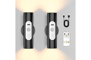 WOBSION Motion Sensor Wall Lights Indoor - Rechargeable Battery Operated Wall Sconces with Remote Control, Wireless LED Wall Lamp for Hallway, Stair, Bedroom, Living Room, Black Metal, 2 Pack