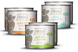 MjAMjAM - cibo umido premium per cani - confezione mista I - pollo e anatra, manzo, tacchino, confezione da 6 (6 x 200 g), naturale con carne extra