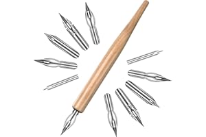 ZEYIYER 11 Pcs Dip Pens, Drawing Nibs for Dip Pens, Stainless Steel Ink Pen with Wooden Drawing Holder for Writing, Calligraphy