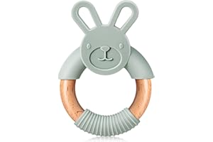 NUANCHU Bunny Baby Teething Toys, Baby Bunny Ring, Wooden Baby Toys 0-24 Months, Silicone Freezer Teethers for Babies, Teether Toy Newborn Boy Girl Easter Gifts Sensory Development Soothe Sore