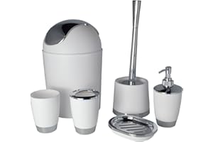 FINGEY Bathlux Modern Design 6 Piece Bathroom Accessory Set, Toilet Brush, Waste Bin, Soap Dish, Tooth Brush Holder Soap Dispenser, Rinse Cup (White)