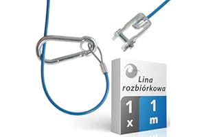 valonic linka do przyczep i samochodów kempingowych, 1m, niebieska, z karabińczykiem, obciążenie niszczące 250kg, linka z główką widełkową (szekla), linka zrywana