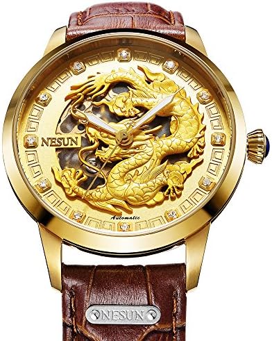Nesun Men's Chinese Dragon Rhinestones Carved Automatic Mechanical Analogue Watch with Leather Band (All Gold)