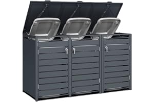 AURAHOME DWD Garden Triple Wheelie Bin Hideaway 120L,240L Waste Bin,Storage Shed w/Locking Doors Assisted lift up Lid easy use Outdoor Hygienic Dustbin Unit Cover Powdercoated Steel Matt Grey with Grey Doors