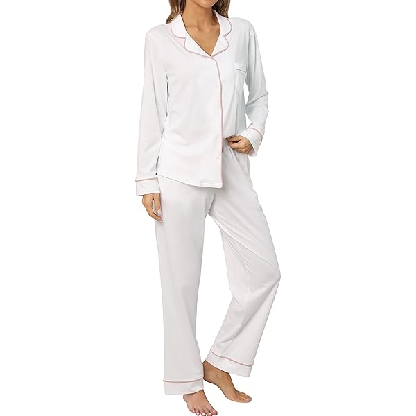 PrinStory Pyjamaset voor dames, lang, V-hals, winternachtkleding, langarm bovenstuk en wijd uitlopende pyjamabroek, Haze blauw, S