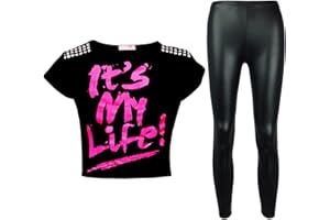 A2Z 4 Kids Neu Kinder Mädchen IT'S MY LIFE ! Crop Top & Schwarz Nasses Aussehen Legging Satz Neu Alter 7-13 Jahre
