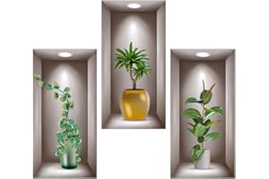 DOUSELLA 3 Stück 3D Wandsticker Vase Wandtattoo Wohnzimmer Vasen Grüne Pflanzen Wandaufkleber 3D Vinyl Wandabziehbilder Wandbilder Pflanze mit Vase 3D Pflanzen Wandbilder für Haus Wanddeko, 40x20cm