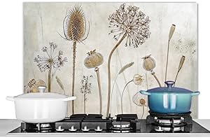 KitchenYeah© Pannello Paraschizzi Cucina Alluminio 80x55 cm para Schizzi per Piano Cottura Parete Cucine Fiori - Acquerello - Natura Morta - Marrone - Vintage