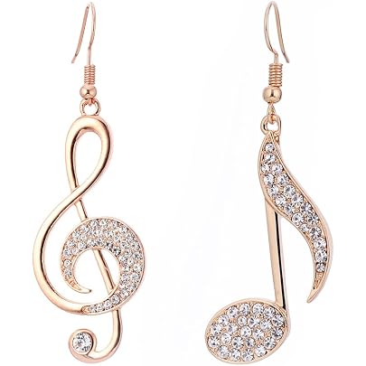 Orecchini da donna con note musicali, orecchini in oro rosa ipoallergenico e placcato argento con cristallo, 3.5cm, Rame Cristallo, Zirconia cubica