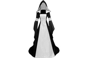 SANGDUT Women's Halloween Retro Medieval Witch Dress with Flare Sleeves, Victorian Renaissance Hooded Gothic Long Dress Halloween Party Cosplay Costumes Outfit