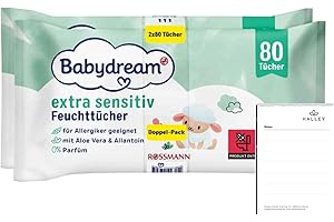 Babydream extra sensitive Feuchttücher 160 Stück 2x80 Tücher ohne Pafüm, mit Aloe Vera & Allantion, bei Neurodermitis geeignet + Halley Bedding Notizblock Set