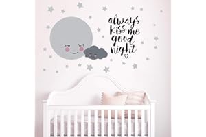 DECALPLANET Runtoo Naklejka ścienna Księżyc Gwiazda Chmura Naklejki Ścienne Cytat Zawsze Pocałuj mnie Dobrej Nocne Zdejmowane Naklejki Dekoracyjne Pokój Dziecko Dekoracja