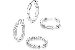 Finrezio 2 Pairs Silver Hoop Earrings Set for Women Cubic Zirconia Earrings Hoop Huggie Hinged Earrings Sleeper Earrings Hypoallergenic Sizes 15mm