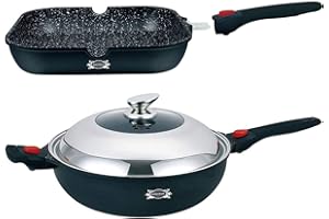 HAUSSMANN heritage® Fonte d'aluminium Wok32cm Revêtement Type Pierre-sans PFOA Manche Amovible－Tous Feux Dont Induction－ HM-WOK1432M (Wok32cm+Poêle Grill 28cm)