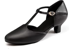 Asyusyu T Strap Character Shoes Black Dance Shoes with Low Heel for Salsa Ballroom