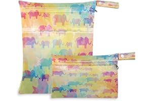 JUMBEAR Rainbow Gradient Elephant Wet Dry Bags Sets Waterproof Reusable Travel Beach Baby Cloth Diaper Wet Dry Bags Organizer with Two Zippered Pockets for Swimsuit and Gym 2PCS