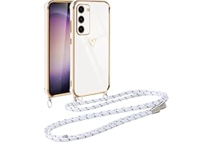 Vauki Funda con Cuerda para Samsung Galaxy S23, Patrón de Corazón TPU Carcasa, con Colgante Ajustable Collar Correa para el Cuello Cadena Cuerda, AntiChoque Silicona Cover para Samsung S23, Blanco