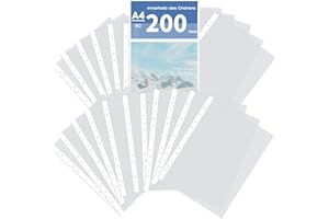 OSIMIG Premium Klarsichtfolien 200 Stück, Prospekthüllen A4 Polypropylen Punched Pockets transparent DIN A4, Klarsichthüllen 11-Loch-Loseblatt Öffnung oben,Glasklar, für Dokumente, Fotos, Post-Karten