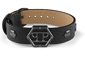 Philipp Plein Męska bransoletka skórzana czarna stal szlachetna IP Gun Hexagon, długość: ok. 22 cm, PJ7AA11BU, Mittelgroße, Skóra, Bez kamieni szlachetnych