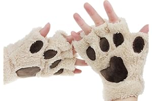 FAKEFACE Mitaine Femme Fille Hiver Mitaine Patte de Chat Gants Peluche Femme Fille Moufle Demi-Doigt Hiver Gants Mignon pour Femme Fille Gants Polaire Chaud Moufle en motif de Cartoon
