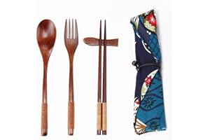 Ecloud Shop® Hecho a Mano Estilo Japonés Alimentación de madera natural Conjunto (1 cuchara, 1 palillos, 1 tenedor, 1 soporte de palitos, 1 Patrón Vajilla bolsa de estilo japonés Azul Negro)