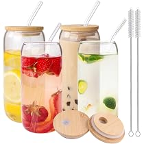 SHUESS Set Di 8 Bicchieri In Vetro Da 500ml Con Coperchio In Bambù E Cannucce - Ideali Per Caffè Freddo, Cocktail E Tè