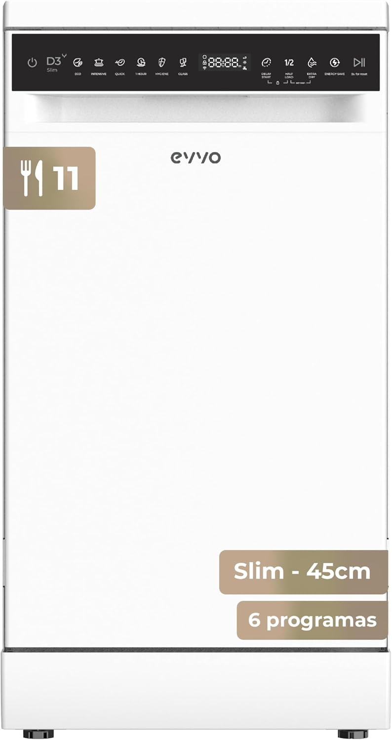 Lavavajillas D3Y Slim - 45 cm, 11 Servicios, Clase Energética D, Diseño Slim Compacto, 6 Programas, Media Carga, Inicio Diferido, Secado Extra, Funcionamiento Silencioso