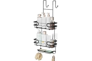 SWTYMIKI Shower Caddy Hanging - 3 Tier Over Door Shower Shelf With 16 Hooks and 2 Soap Dish, Rustproof Hanging Shower Organiser, Bathroom Storage Rack No Drill for Shampoo and Razor Soap, Black